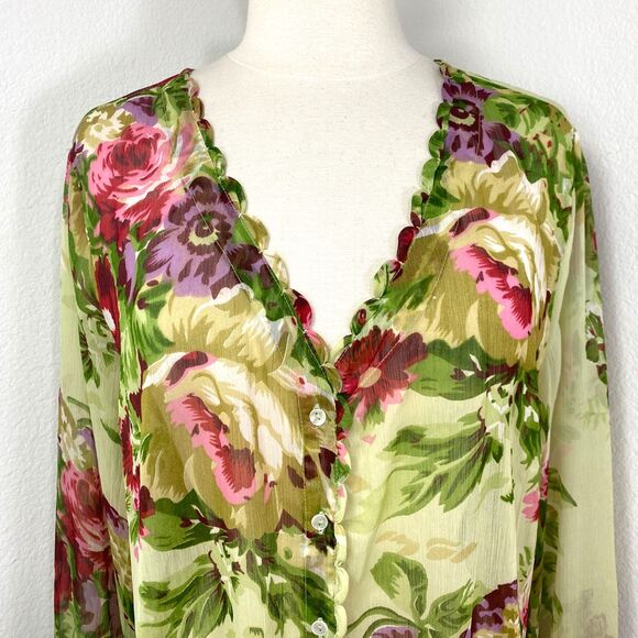 Soft Surrounding Chartreuse Floral Blouse XL Button Front Long Sleeves V-Neck - Picture 2 of 13